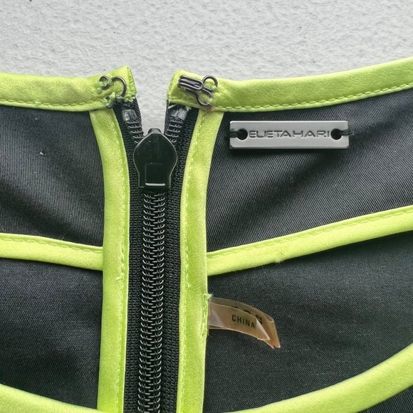 Elie Tahari Peplum Eyelet Dress Womens size 6 Black Neon Yellow Trim Knee Length - Picture 9 of 11